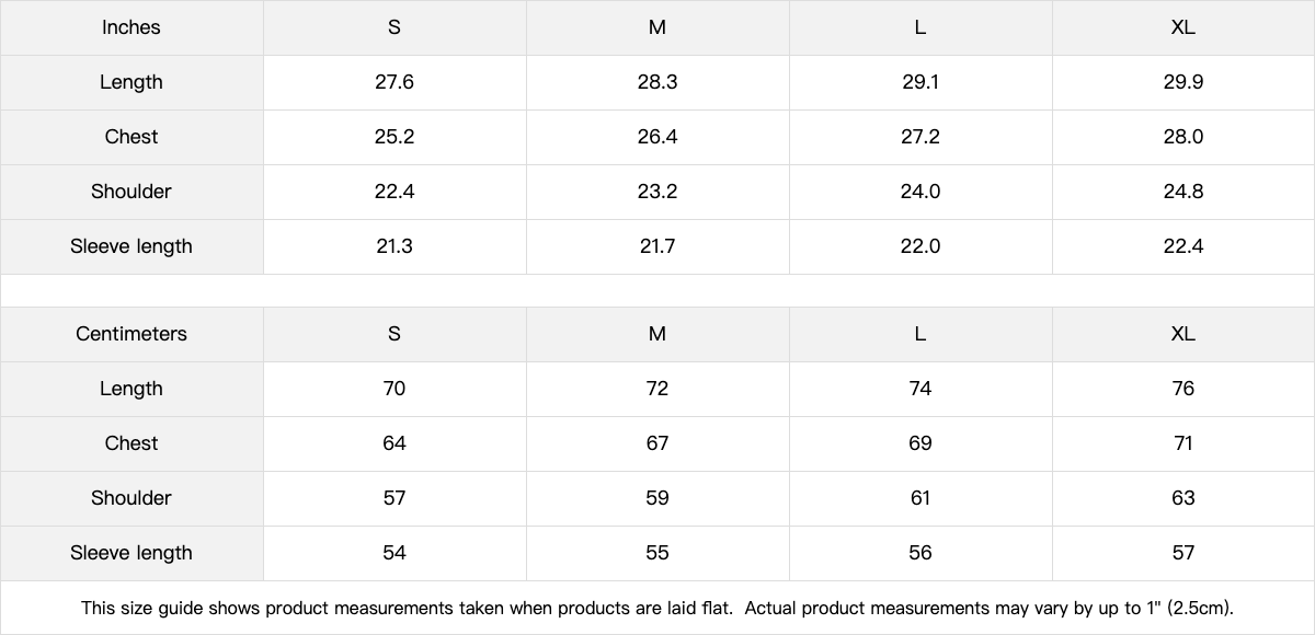 Size guide for Safe Storage Sweater Eclipse Grey showing measurements in inches and centimeters.